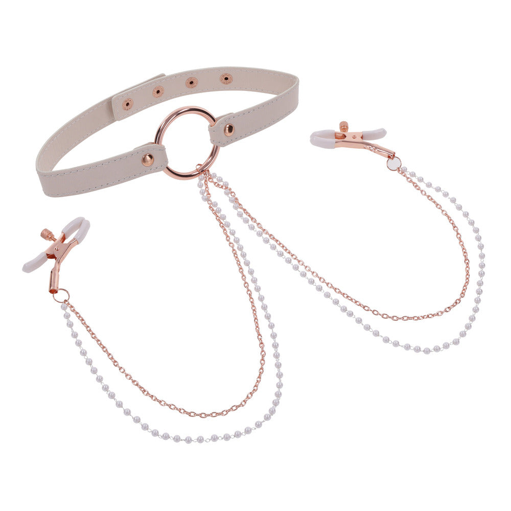 Peaches &#39;n CreaMe Collar - Adjustable Faux Leather with Nipple Clamps &amp; Rose Gold Accents