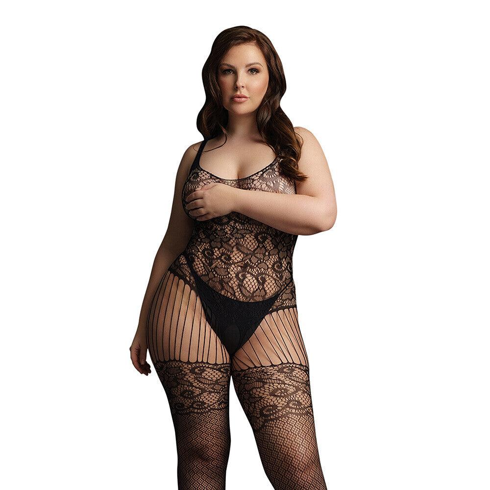 Le Desir Black Lace and Fishnet Bodystocking UK 14 to 20 - Rapture Works