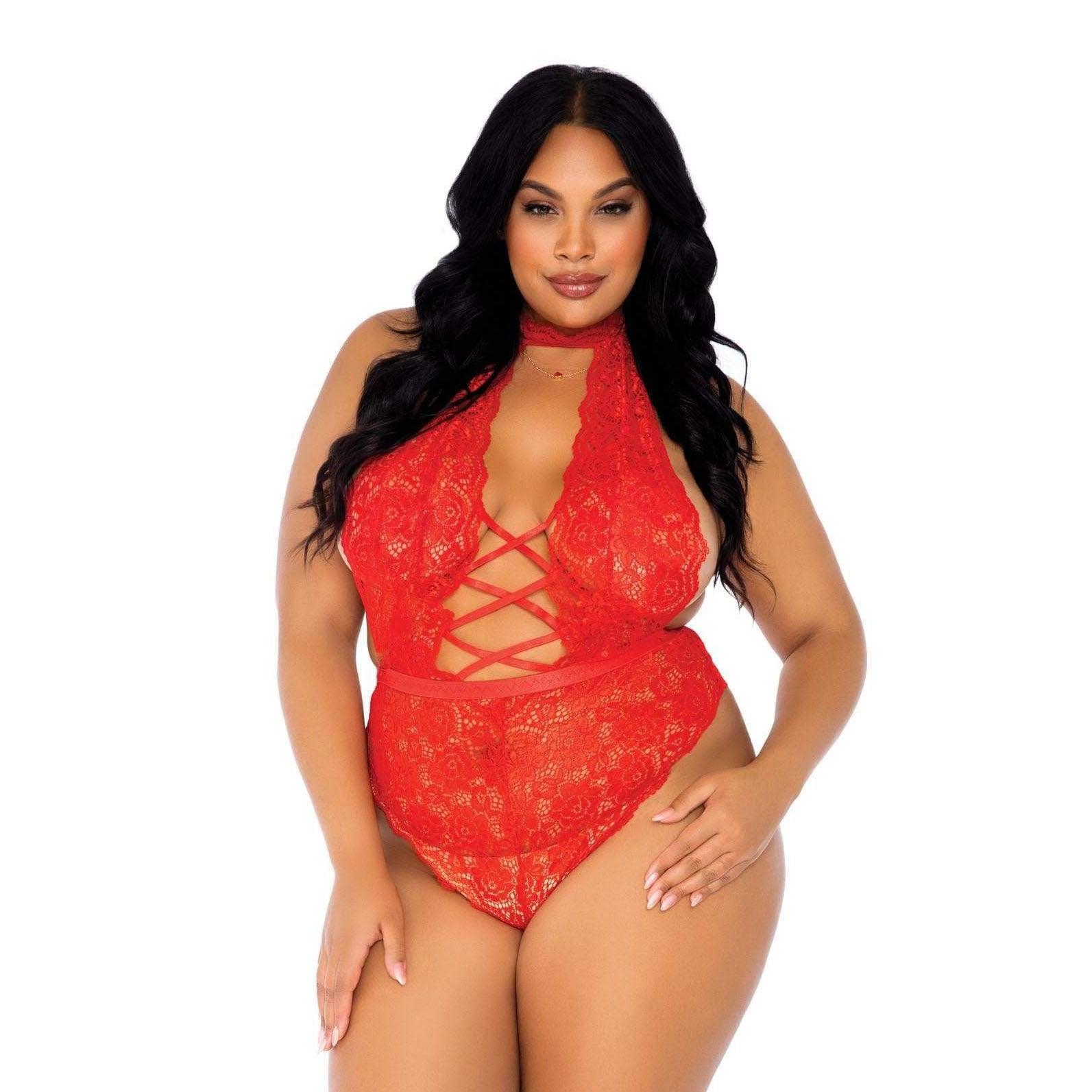 Leg Avenue Floral Lace Crotchless Teddy Red UK 18 to 22 - Rapture Works