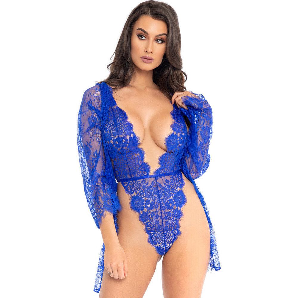 Leg Avenue Floral Lace Teddy and Robe Blue - Rapture Works