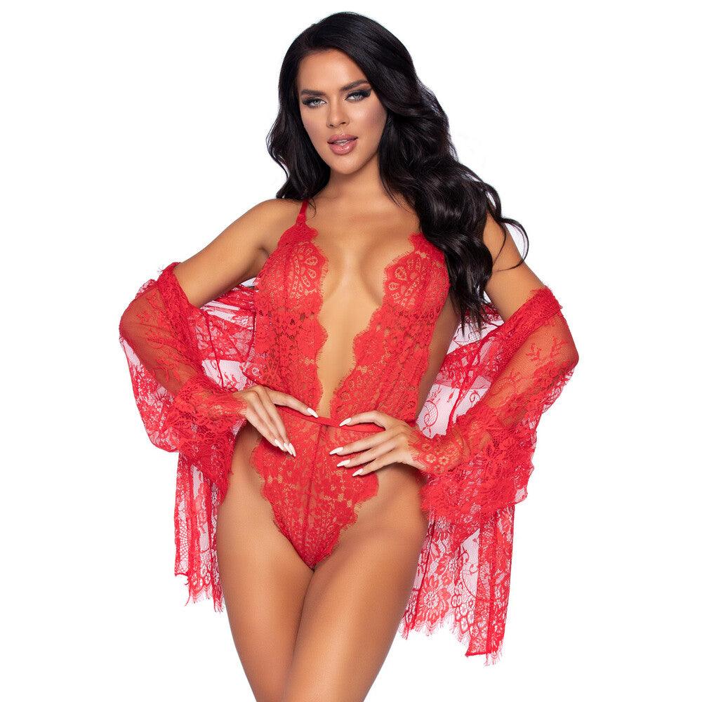 Leg Avenue Floral Lace Teddy and Robe Red - Rapture Works