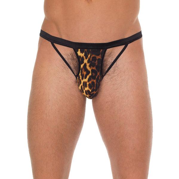 Mens Black G-String With Black Straps To Animal Print Pouch - Rapture Works