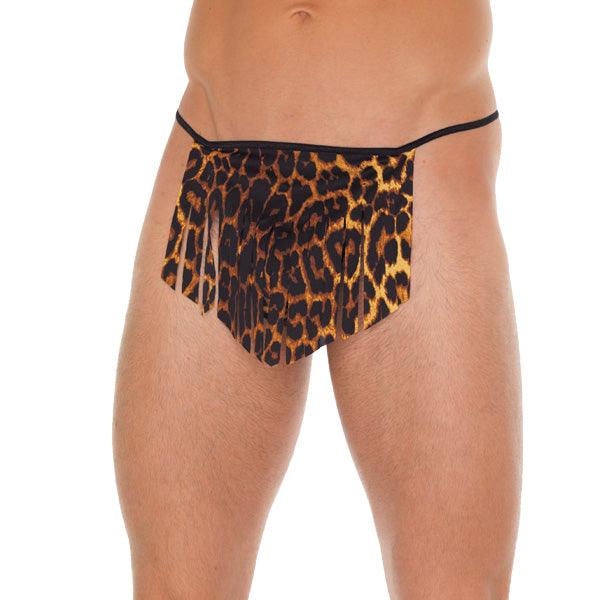 Mens Black G-String With Leopard Loincloth - Rapture Works