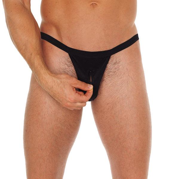 Mens Black Pouch G-String With Zipper - Rapture Works