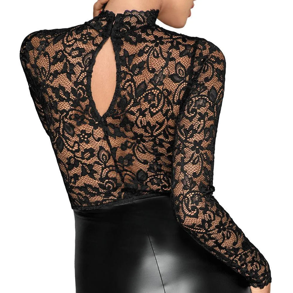 Noir Black Lace and Wet Look Pencil Dress - Rapture Works