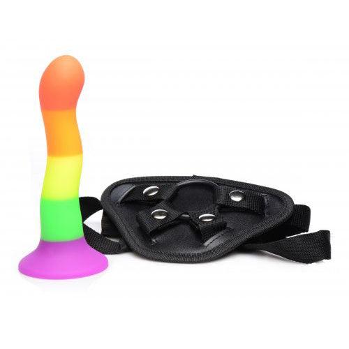 Proud Rainbow Silicone Dildo with Harness - Rapture Works