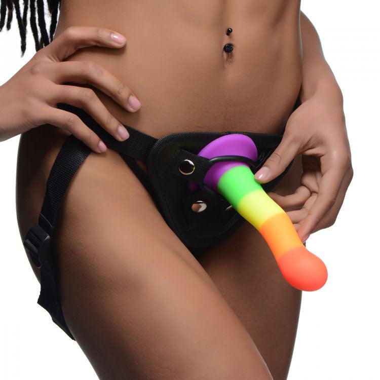 Proud Rainbow Silicone Dildo with Harness - Rapture Works
